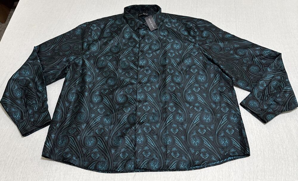 Barry.Wang Silk Shirt Mens 3XL Blue Black Paisley Button Front Long Sleeve NWT